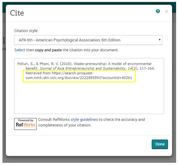 ProQuest Cite tool with url